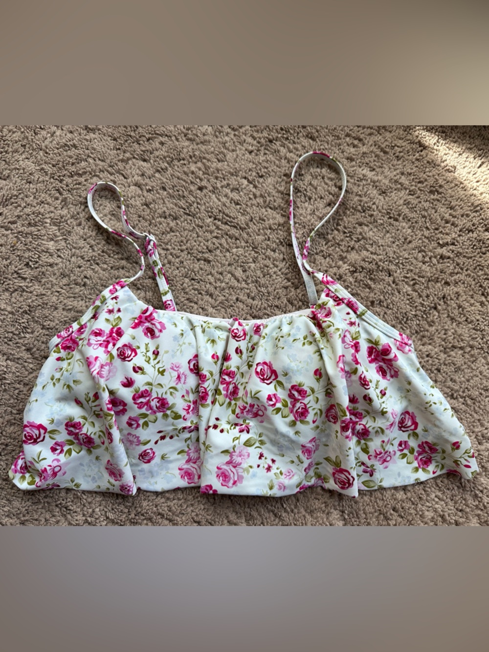 SweetHoney White Floral Ruffle Bandeau Bikini Top - Pink Rose Print